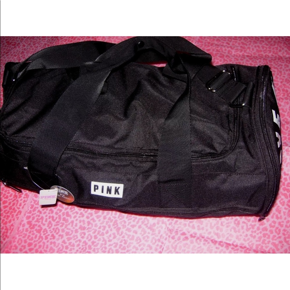 PINK Black Duffle GYM Bag Black & White LOGOS - Picture 3 of 5